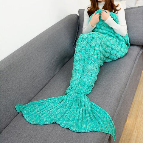 Coral Fleece green Fabric Knitted Fish Tail Blanket