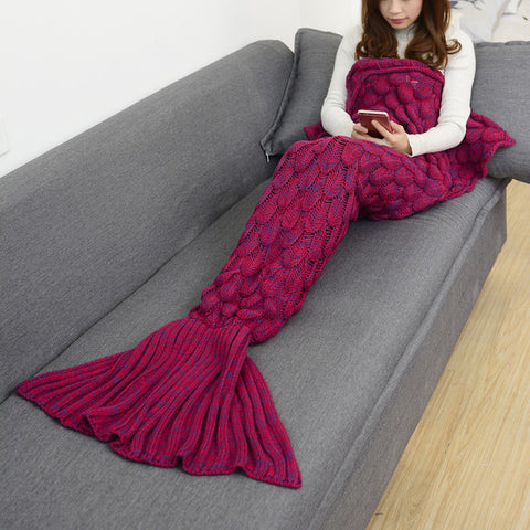 Coral Fleece wine red Fabric Knitted Fish Tail Blanket