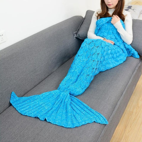 Coral Fleece blue Fabric Knitted Fish Tail Blanket