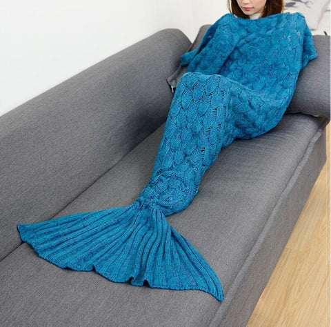 Coral Fleece turquoise blue Fabric Knitted Fish Tail Blanket