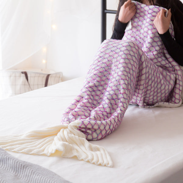 Handmade white Crochet Yarn Knitted Mermaid Tail Blanket