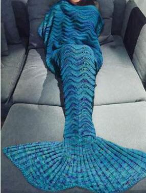 Handmade Ripple Soft Blue Wool Knitted Mermaid Tail Blanket