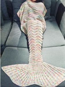 Handmade Ripple Soft White Wool Knitted Mermaid Tail Blanket
